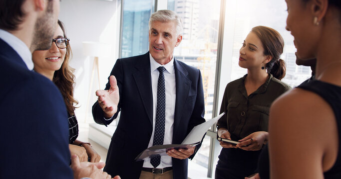 Meeting, staff and manager in office for discussion, finance briefing or task delegation for teamwork. Objectives, expectations or people with instructions for project scope, budget folder or funding