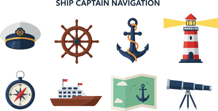 Image features ship captain navigation elements hat wheel anchor lighthouse compass ship map and telescope