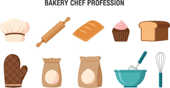 Image showcases bakery tools chef hat rolling pin bread loaf cupcake bread slice mitt flour bags bowl spatula whisk