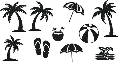 Tropical summer beach silhouette icon set featuring palm trees, beach umbrella, flip flops, coconut drink, ocean waves and beach ball vector illustration © Md