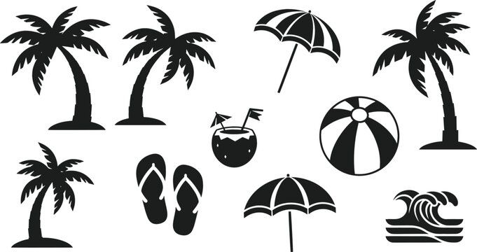 Tropical summer beach silhouette icon set featuring palm trees, beach umbrella, flip flops, coconut drink, ocean waves and beach ball vector illustration