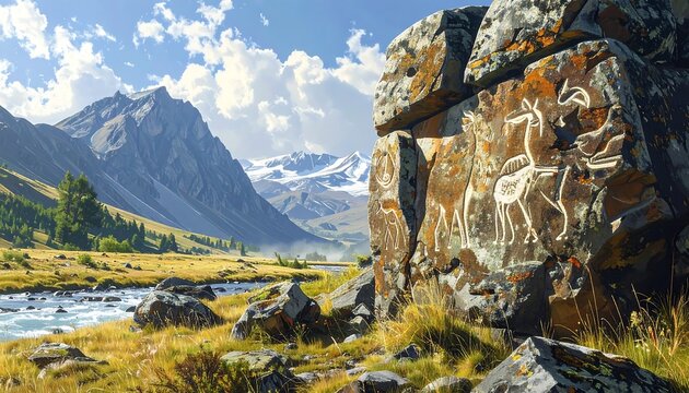 A landscape featuring ancient rock carvings, a flowing river, rolling hills, and snow-capped mountains under a sunny sky