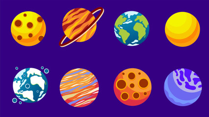 Colorful Cartoon Solar System Planets Collection On Dark Purple Space Background © foxndeer
