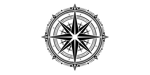 A nautical compass rose vector icon on a black background illustrates a star symbol for navigation and travel adventure, showing north and south directions for cartography and geography © hossain