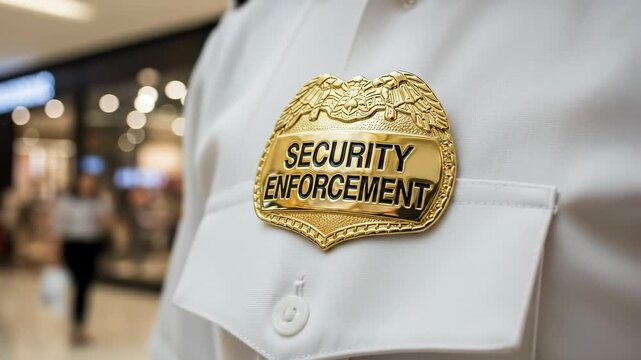 Private security officer wearing a gold enforcement badge in a retail shopping center