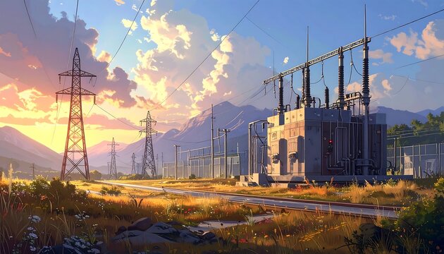 A landscape featuring power infrastructure under a vibrant sunset. Power lines span across a field with mountains in the background