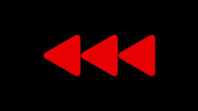 Red rewind media control icon animation with triple triangle symbol, digital video player interface element and modern multimedia navigation indicator