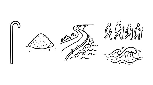 Dynamic journey illustration of stick, sand, road, figures, and waves moving across a minimalist white canvas, captured from a centered horizontal perspective, conveying travel and community spirit