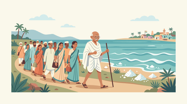 A peaceful pilgrimage led by a white‑robed leader across a tranquil beach, illustrated from a gentle viewpoint showing the group of colorful robes, serenity and distant mountains