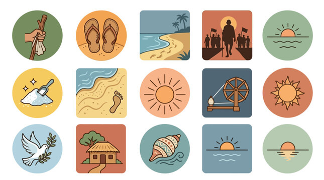 Viewing a set of twelve circular beach icons arranged in four rows, each illustrating tropical elements such as sun, wave, palm, seagull and windmill, presented as vector illustrations for design use