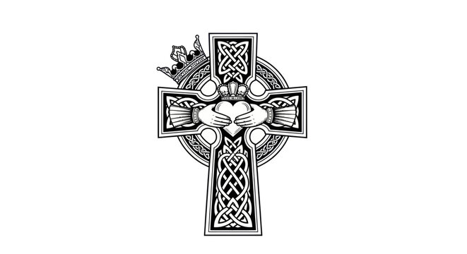 Celtic Cross with Crown and Claddagh Hands Symbol