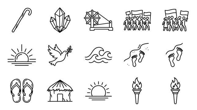Minimalist black line drawing collection featuring a hockey stick, sunrise, wave, flipflops and torch, arranged in four rows of simple icons on a plain white canvas viewed from a top-down perspective