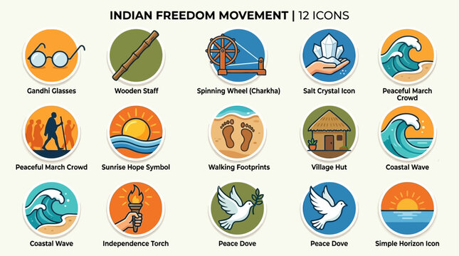 Top-down grid illustration celebrating the Indian Freedom Movement icons collection, featuring diverse symbols of India&rsquo;s struggle for independence on a white background, viewed from a perspective