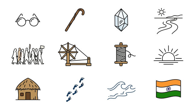 Minimalist hand‑drawn icon set showcasing glasses, cane, diamond, sun and Indian flag, arranged in four rows on a white background, presented from a flat viewpoint for graphic use