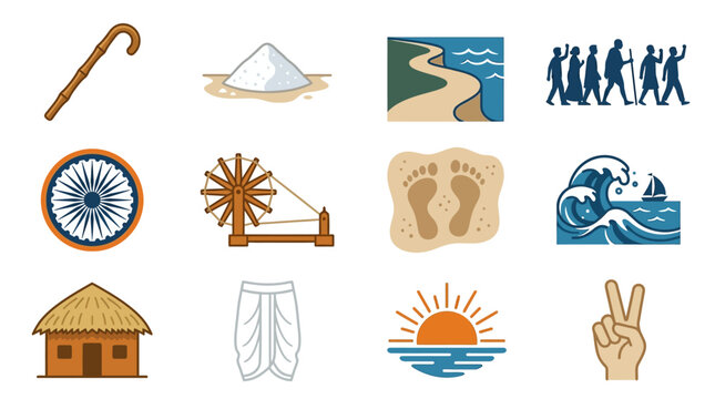 Top‑down view of a flat illustration set featuring twelve wellness icons such as cane, river, wheel, hut and sunrise, arranged in three rows on a plain background for promotional purposes