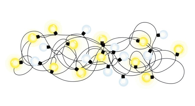 Tangled String Lights with Yellow and White Bulbs on White Background