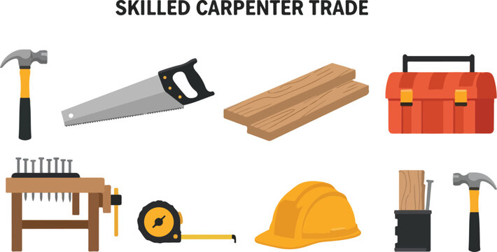 The image displays carpenter tools hammer saw wood planks toolbox workbench tape measure helmet wood and a hammer with a nail