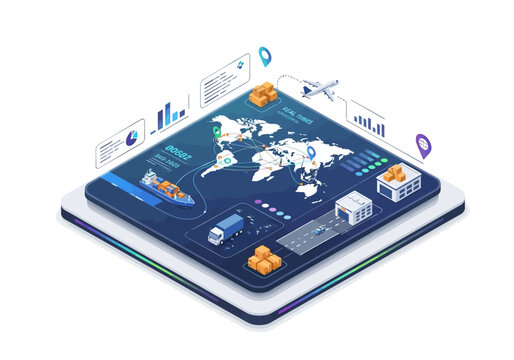 Isometric illustration of a global shipping tracking interface depicting transport methods and data visualization