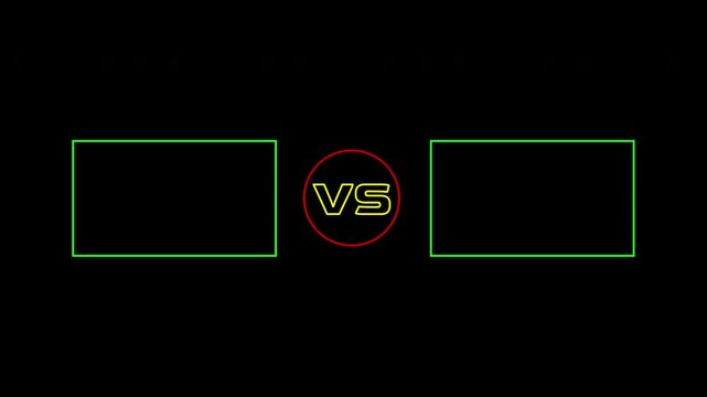 Versus screen graphic with boxes and letters suitable for sports matchups, debates, competition concepts. Competitive design for presentations, websites, social media.
