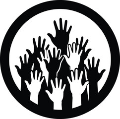Fototapeta premium A minimalist black and white silhouette of diverse human hands raised together inside a circular frame. This vector illustration represents unity, solidarity, and the global fight against racism and s