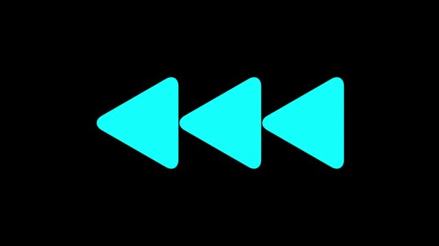 Cyan rewind media navigation icon animation with triple triangle playback symbol, modern digital video interface control indicator on dark background