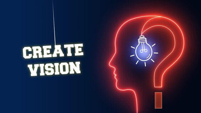 Create vision text sign swinging on a vibrant red neon background with a glowing human head profile and light bulb for artistic foresight and strategic planning