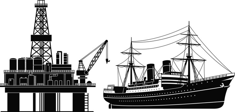 Black silhouette vector illustration of an offshore oil drilling rig platform and a vintage steamship vessel for maritime industrial design projects.