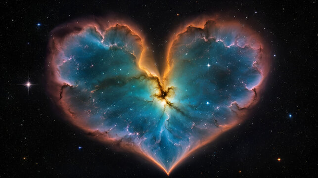 Cosmic Heart Nebula: An evocative celestial display, a heart-shaped nebula formed from cosmic dust and ionized gases against a backdrop of twinkling stars, inviting contemplation of the universe.