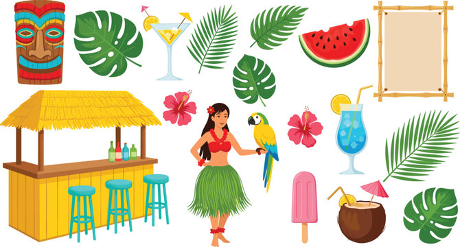 Tropical Hawaiian Summer Party Elements Set Featuring Hula Dancer, Tiki Mask, Beach Bar, Exotic Cocktails, Palm Leaves, Watermelon and Island Decorations
