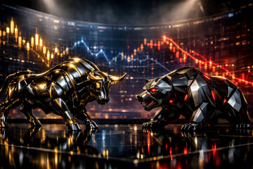 Fototapeta premium Bull and bear fight on a dark stock market chart background with copy space
