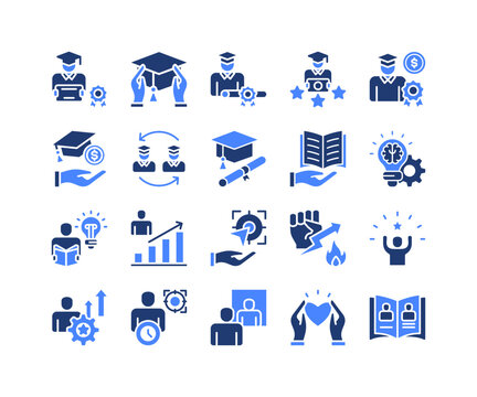 Graduation Success Icon Collection,  featuring Graduate, Diploma, Cum Laude, Scholarship Grant, Academic Learning, Discipline, Reflection.