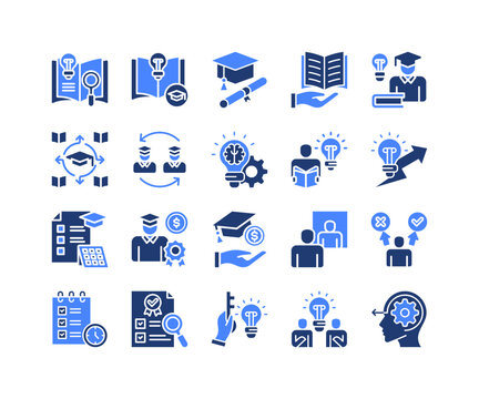 Academic Research Icon Collection,  featuring Research, Dissertation, Innovation, Curriculum Planning, Feasibility Study, Evaluation Process, Brainstorming.