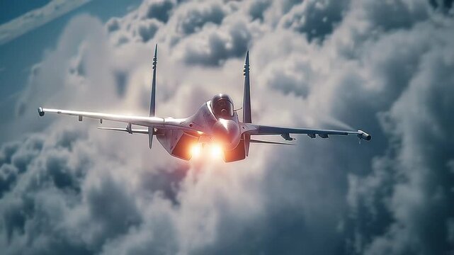 Fighter jet soaring through cloudy skies with afterburners ablaze in a low-angle view