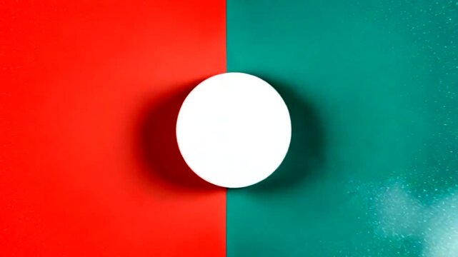 Minimalist animation of white circle on split red and teal background with moving smoke effect.