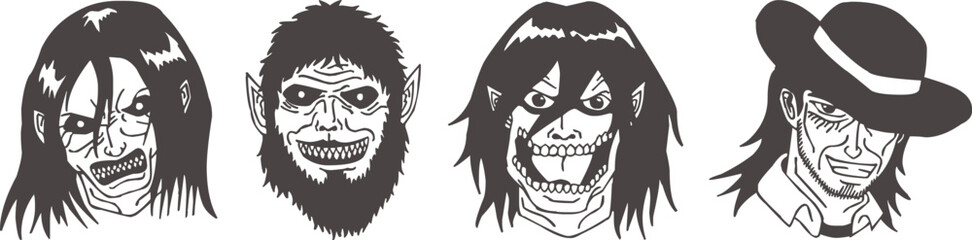 Horror monster face illustration set in bold black line style. Creepy zombie, demon, and evil character portraits with intense expressions. Ideal vector graphics for Halloween design, game art, poster