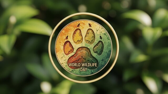 World Wildlife Day paw print emblem with nature background.