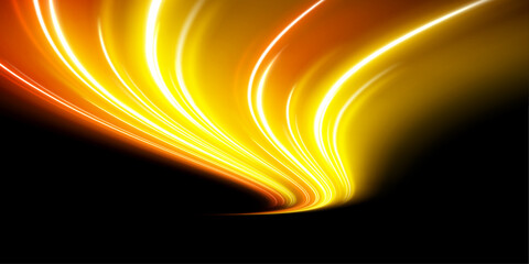 Dynamic orange speed trail with radiant glow and smooth flowing motion, perfect for high-tech digital designs and futuristic graphics. vector © Romstock