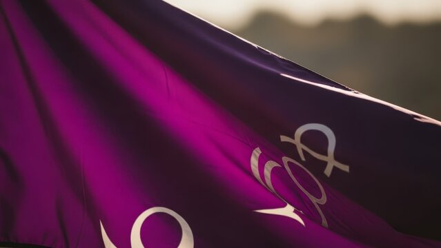 Close up of a flowing magenta flag with a silver logo against a blurred natural background