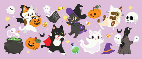 Cute Halloween cat characters vector set with pumpkin, ghost, witch, mummy, vampire, potion, bat, raven, and candy. Hand drawn cartoon illustration for party decor, stickers, cards, and kids design.