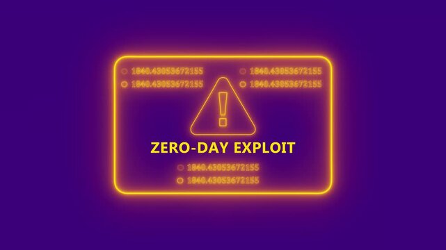 Zero day exploit cybersecurity warning interface animation with glowing neon vulnerability alert panel, futuristic hacker threat notification and digital security display