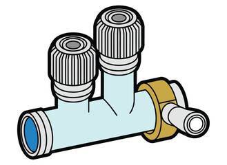 Water pipe fitting with valves on a white background. Plumbing system components, pipe connectors and control valves, industrial and household water supply