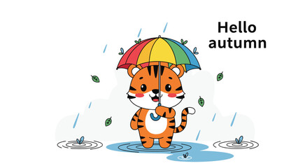 Adorable cartoon tiger holding a colorful umbrella in the rain, with "Hello autumn" text, surrounded by falling leaves and puddles.