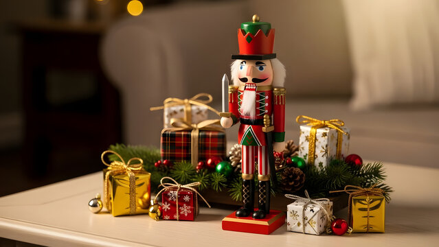 Traditional nutcracker soldier figure standing proudly amidst festive Christmas presents and holiday decorations