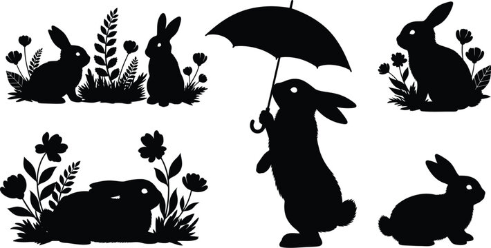 Black silhouette collection of rabbits with umbrella and flowers