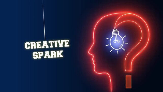 Vibrant creative spark text sign on an orange neon background with a glowing human head profile and blue bulb representing the birth of a genius idea