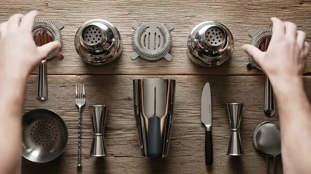 Hands arranging cocktail shaker and tools on wooden table, preparing for mixology session