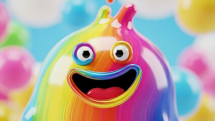 Fototapeta premium Rainbow colored 3D blob monster with big eyes and wide smile, floating among colorful spheres and clouds.