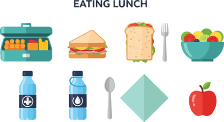 A graphic depicts lunch items sandwich salad water bottles apple lunchbox fork spoon and napkin
