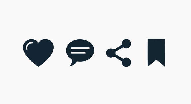 Social Media Interaction Icons Set with Like, Comment, Share and Bookmark Symbols for Digital Engagement, Online Content Actions and User Interface Design, Minimal Vector Graphic
