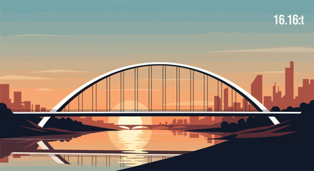 Obraz premium Modern arch bridge at sunset over river with city skyline